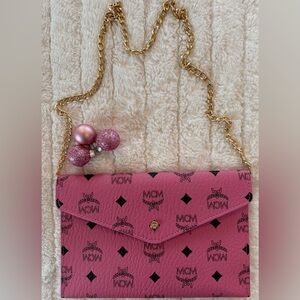 MCM Beauty GWP Pink Monogram Envelope Pouch with Gold Chain
